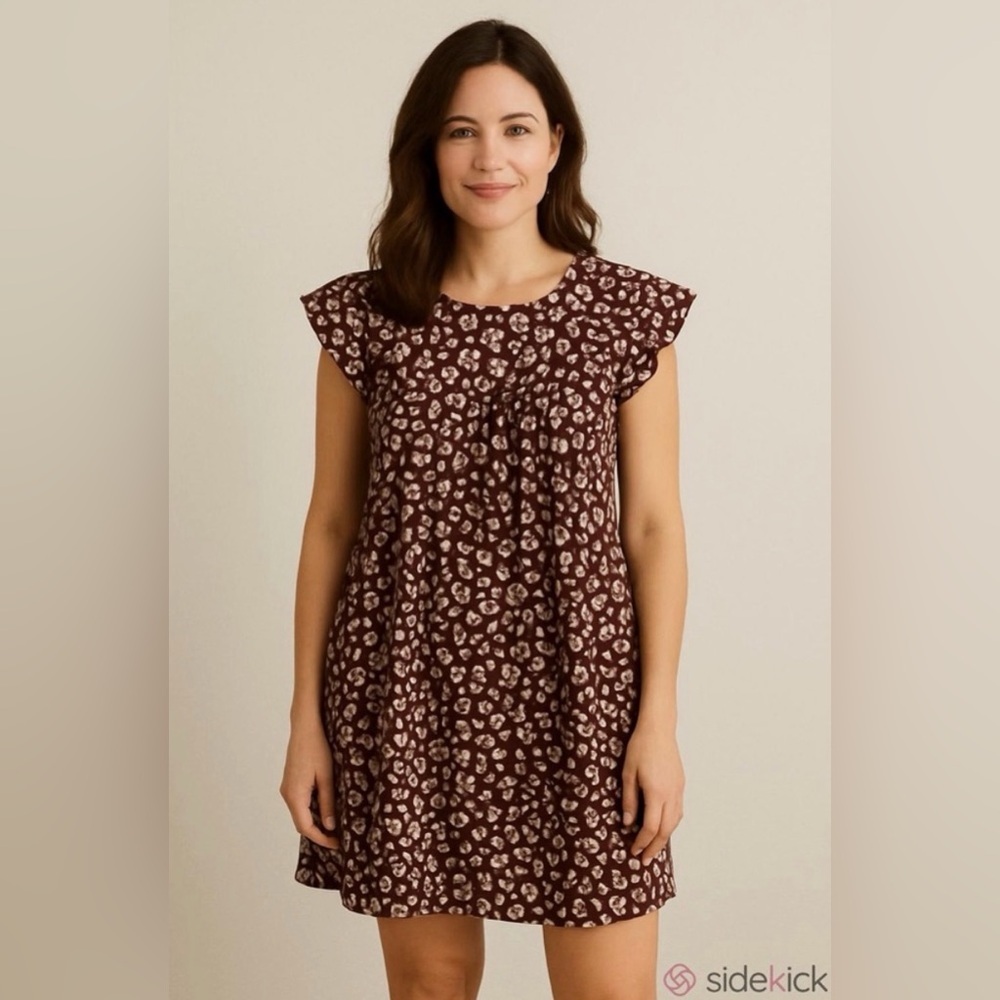 &merci Brown & White Leopard Ruffle Short Sleeve Swing Dress Size Large NWT